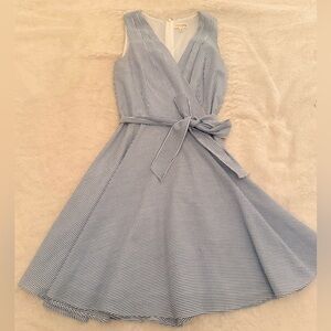 Striped Sleeveless Wrap Midi Dress in Light Blue and White